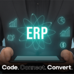 A person in a business suit holds a tablet, from which a glowing blue hologram emerges showing the letters "ERP" surrounded by various business and data icons.
