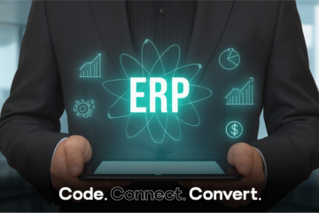 A person in a business suit holds a tablet, from which a glowing blue hologram emerges showing the letters "ERP" surrounded by various business and data icons.