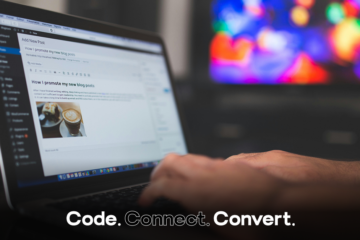 A close-up of a person typing on a laptop. The screen displays a blog post editor with the headline "How I promote my new blog post," with a colorful, blurred background.