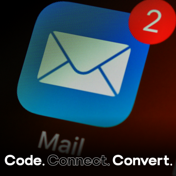 A close-up of a smartphone screen focusing on the Mail app icon, which has a red notification badge showing the number two, indicating two unread messages.