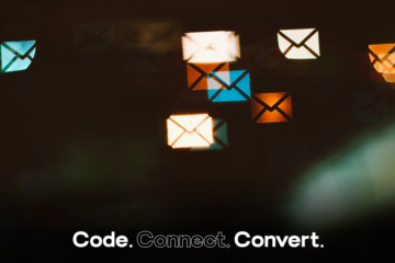 An artistic photo with abstract, glowing bokeh lights shaped like email envelopes in orange and blue against a dark, out-of-focus background.