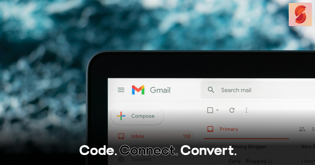 A close-up view of a device screen showing the Gmail interface, with the "Compose" button and search bar clearly visible.