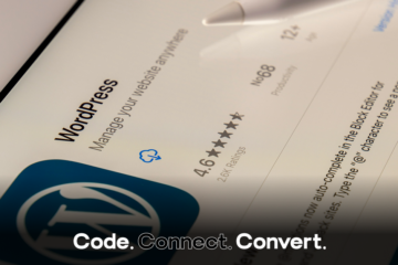 A close-up, angled view of a tablet screen displaying the WordPress app page in an app store, showing its name, logo, and 4.6-star rating.