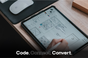 A designer uses a stylus to sketch website wireframes and user flow diagrams directly onto a tablet screen.