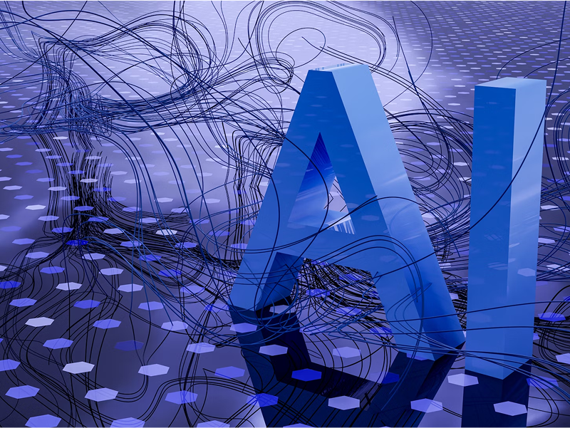 A 3D digital art piece featuring large, blue letters "AI" on a reflective surface, with a complex background of swirling lines and a glowing hexagonal grid symbolizing a neural network.
