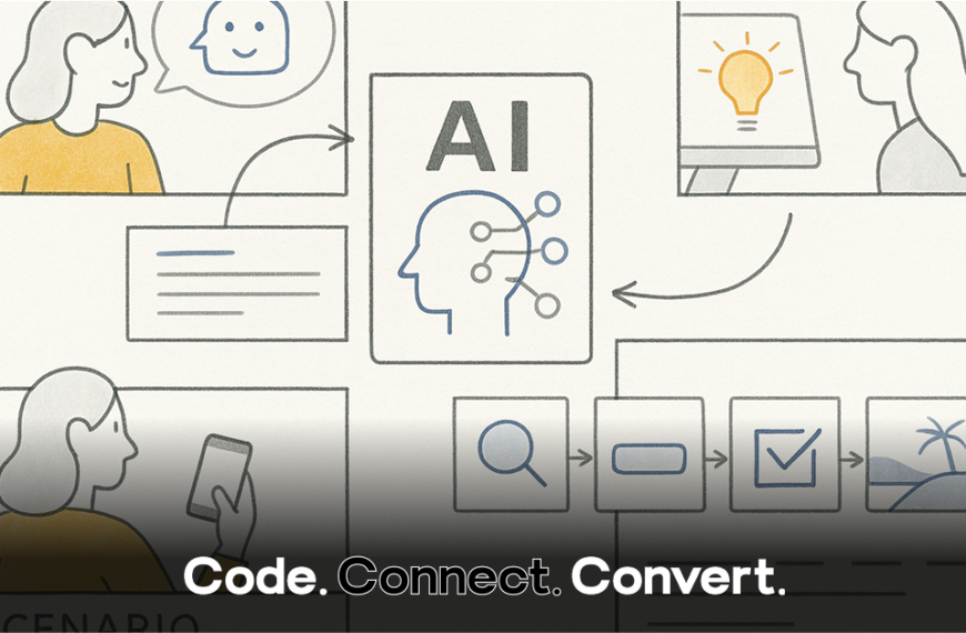 An illustrated diagram explaining an AI process, with a central "AI" icon connected by arrows to drawings of a user interacting with a chatbot, getting an idea, and completing a task on a phone.