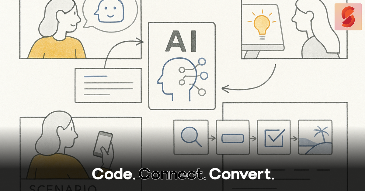 An illustrated diagram explaining an AI process, with a central "AI" icon connected by arrows to drawings of a user interacting with a chatbot, getting an idea, and completing a task on a phone.