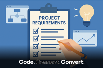 A graphic illustration showing a clipboard with a "Project Requirements" checklist being marked off, surrounded by icons representing ideas, flowcharts, and data analytics.