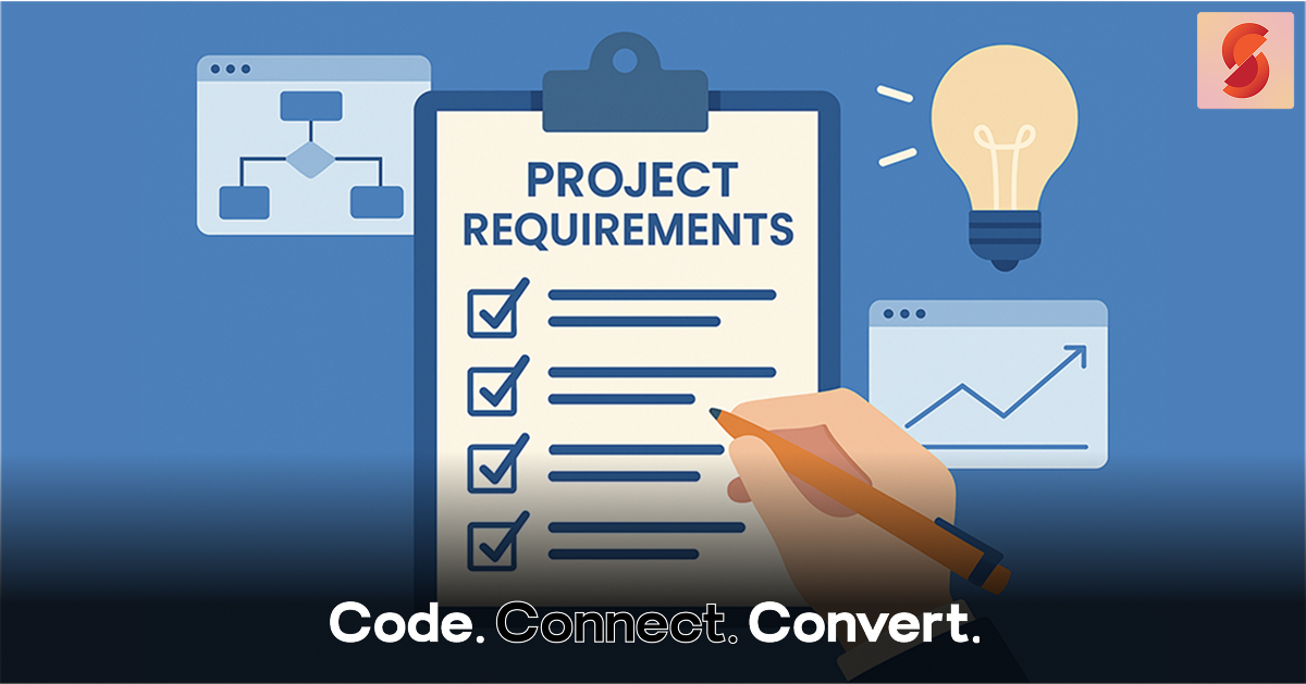 A graphic illustration showing a clipboard with a "Project Requirements" checklist being marked off, surrounded by icons representing ideas, flowcharts, and data analytics.