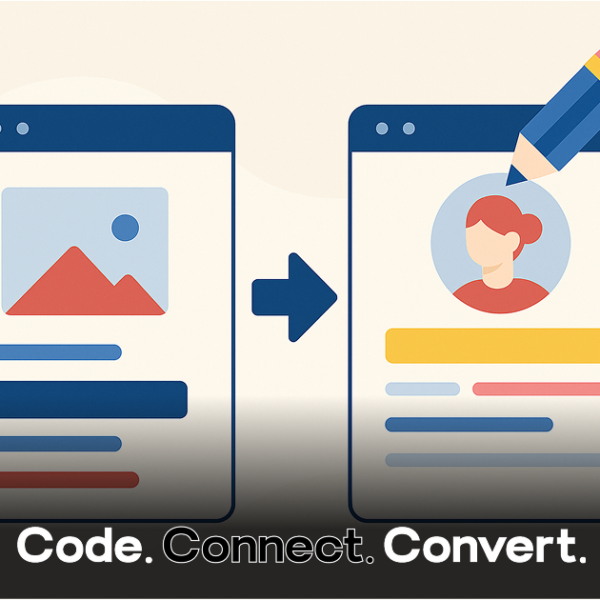 A graphic illustration depicting a generic webpage layout being transformed into a personalized user profile, with a large pencil symbolizing the act of creation and customization.