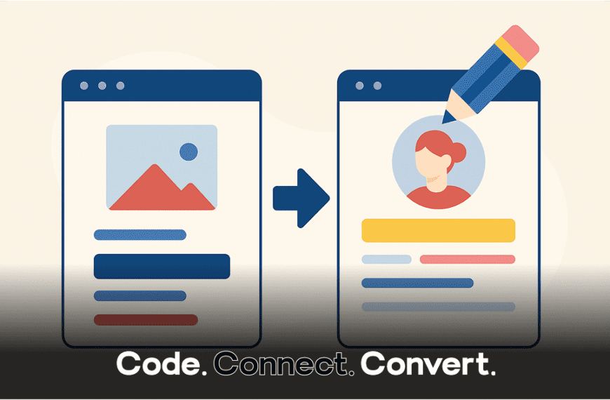 A graphic illustration depicting a generic webpage layout being transformed into a personalized user profile, with a large pencil symbolizing the act of creation and customization.
