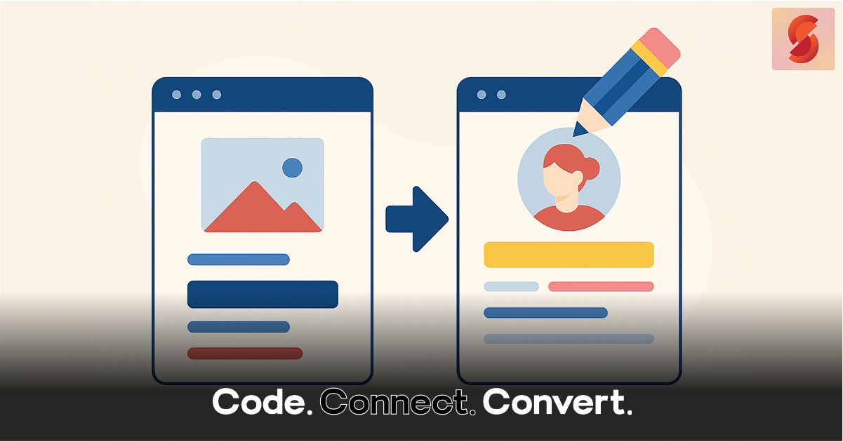 A graphic illustration depicting a generic webpage layout being transformed into a personalized user profile, with a large pencil symbolizing the act of creation and customization.