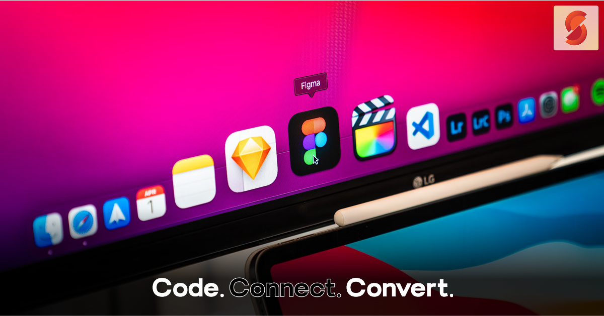 A close-up of a computer's application dock against a vibrant pink wallpaper, with the cursor hovering over the Figma design app icon among other creative software icons.