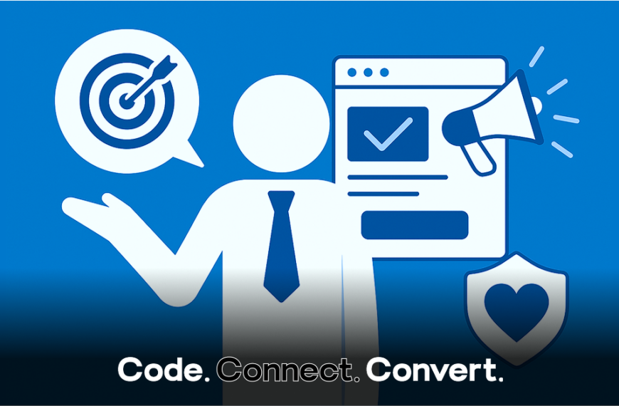 A graphic illustration depicting a business person surrounded by marketing icons, including a target, a webpage with a megaphone, and a shield with a heart, symbolizing strategy, conversion, and trust.