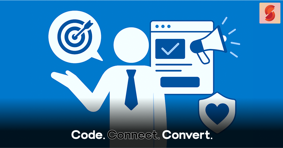 A graphic illustration depicting a business person surrounded by marketing icons, including a target, a webpage with a megaphone, and a shield with a heart, symbolizing strategy, conversion, and trust.