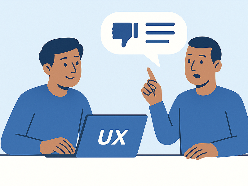 An illustration showing one man working on a laptop with "UX" on it, while another man gives him negative feedback, represented by a "thumbs down" icon in a speech bubble.