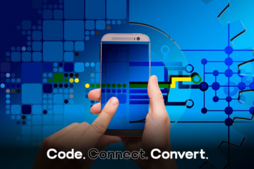 A composite image of a hand holding a smartphone, with a finger touching the screen against a futuristic blue digital background of circuits and mechanical gears.