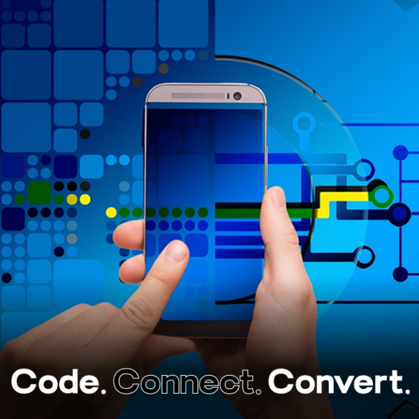 A composite image of a hand holding a smartphone, with a finger touching the screen against a futuristic blue digital background of circuits and mechanical gears.