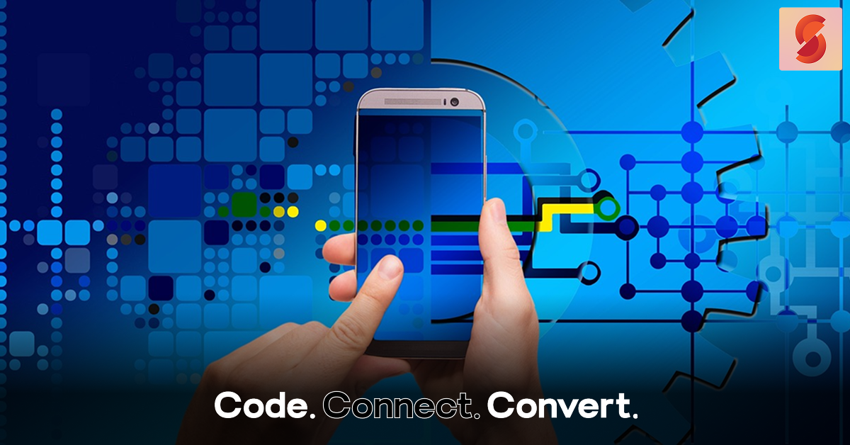 A composite image of a hand holding a smartphone, with a finger touching the screen against a futuristic blue digital background of circuits and mechanical gears.