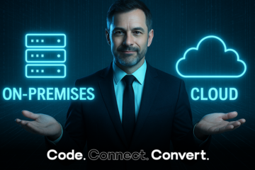 A man in a business suit stands between two glowing blue icons: one of a server rack labeled "ON-PREMISES" and the other of a cloud labeled "CLOUD," presenting a choice between the two technologies.