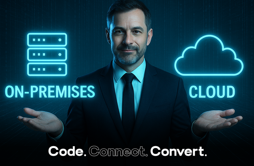 A man in a business suit stands between two glowing blue icons: one of a server rack labeled "ON-PREMISES" and the other of a cloud labeled "CLOUD," presenting a choice between the two technologies.