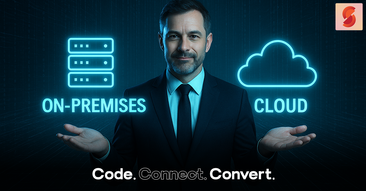 A man in a business suit stands between two glowing blue icons: one of a server rack labeled "ON-PREMISES" and the other of a cloud labeled "CLOUD," presenting a choice between the two technologies.