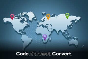 A stylized digital map of the world with colorful location pins placed on North America, Europe, Africa, and Asia, representing global connectivity.