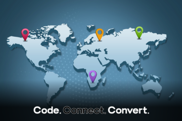 A stylized digital map of the world with colorful location pins placed on North America, Europe, Africa, and Asia, representing global connectivity.