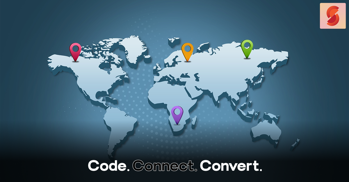 A stylized digital map of the world with colorful location pins placed on North America, Europe, Africa, and Asia, representing global connectivity.