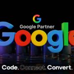 A promotional graphic featuring a large, colorful 3D rendering of the Google logo on a futuristic platform. Text above the logo reads "Google Partner," and a tagline at the bottom says "Code. Connect. Convert."
