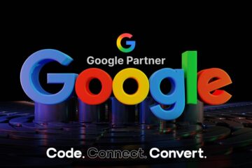 A promotional graphic featuring a large, colorful 3D rendering of the Google logo on a futuristic platform. Text above the logo reads "Google Partner," and a tagline at the bottom says "Code. Connect. Convert."