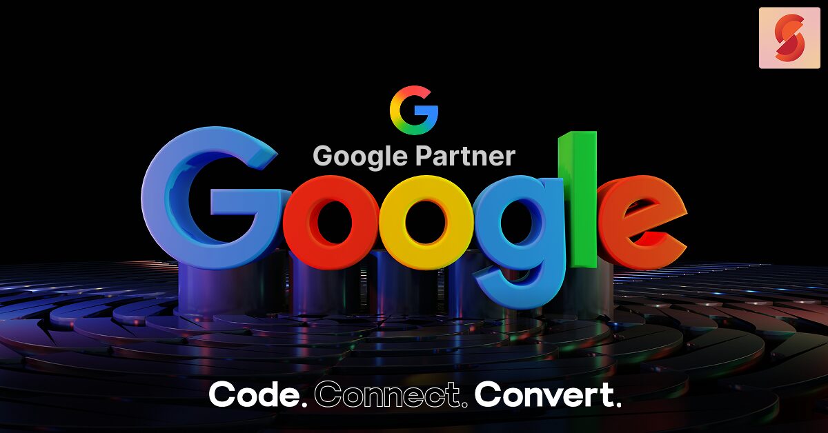 A promotional graphic featuring a large, colorful 3D rendering of the Google logo on a futuristic platform. Text above the logo reads "Google Partner," and a tagline at the bottom says "Code. Connect. Convert."