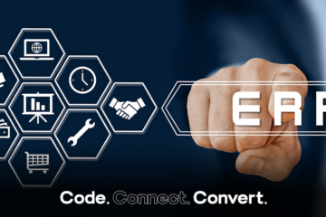 A conceptual graphic showing a powerful fist with the letters "ERP" alongside a honeycomb of icons representing various integrated business functions like finance, logistics, and sales.