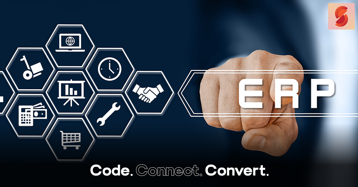 A conceptual graphic showing a powerful fist with the letters "ERP" alongside a honeycomb of icons representing various integrated business functions like finance, logistics, and sales.