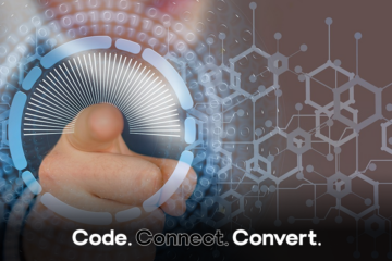 A close-up of a finger touching a futuristic, glowing circular interface, set against a digital background of binary code and a hexagonal network pattern.