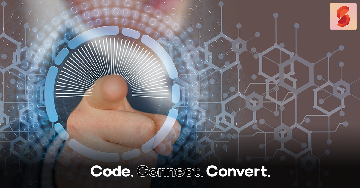 A close-up of a finger touching a futuristic, glowing circular interface, set against a digital background of binary code and a hexagonal network pattern.