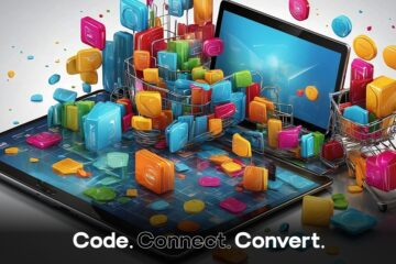 A vibrant 3D illustration of online shopping, with colorful app icons and products flying out of a tablet and laptop screen and filling two miniature shopping carts.