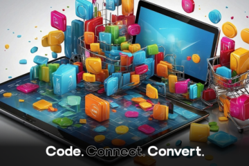 A vibrant 3D illustration of online shopping, with colorful app icons and products flying out of a tablet and laptop screen and filling two miniature shopping carts.