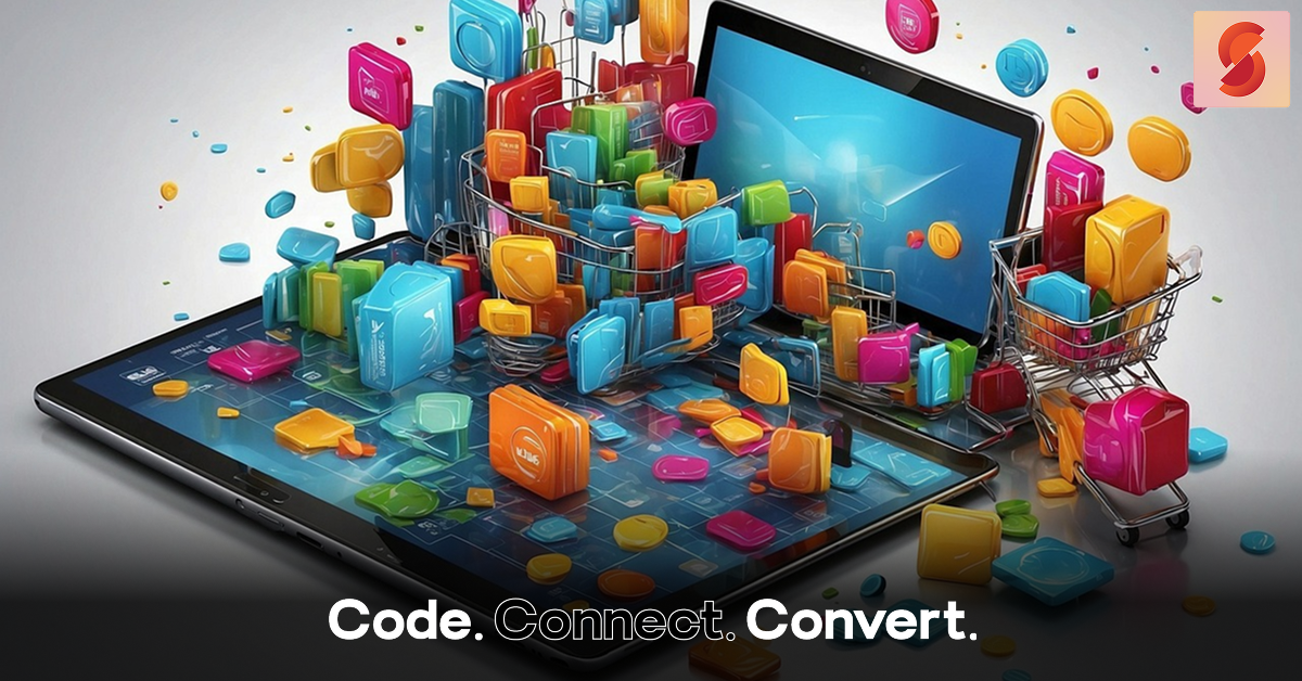 A vibrant 3D illustration of online shopping, with colorful app icons and products flying out of a tablet and laptop screen and filling two miniature shopping carts.