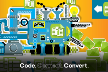 A colorful, cartoon-style illustration of a large machine automating a process, taking in documents and outputting a stream of green envelopes into shopping carts, symbolizing a marketing or conversion funnel.