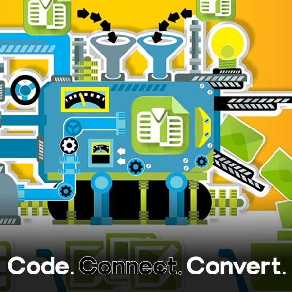 A colorful, cartoon-style illustration of a large machine automating a process, taking in documents and outputting a stream of green envelopes into shopping carts, symbolizing a marketing or conversion funnel.