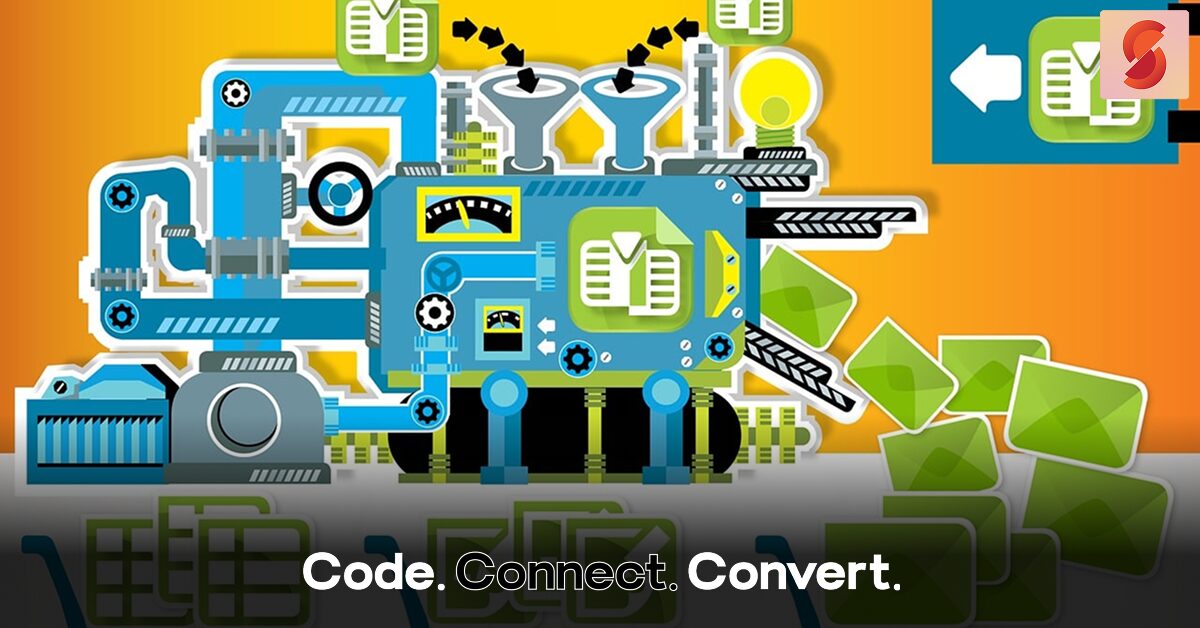 A colorful, cartoon-style illustration of a large machine automating a process, taking in documents and outputting a stream of green envelopes into shopping carts, symbolizing a marketing or conversion funnel.