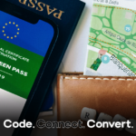 A flat lay of essential travel items, including a passport, a city map, and a smartphone displaying a COVID-19 "Digital Green Pass" vaccination certificate.