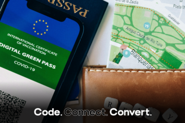 A flat lay of essential travel items, including a passport, a city map, and a smartphone displaying a COVID-19 "Digital Green Pass" vaccination certificate.