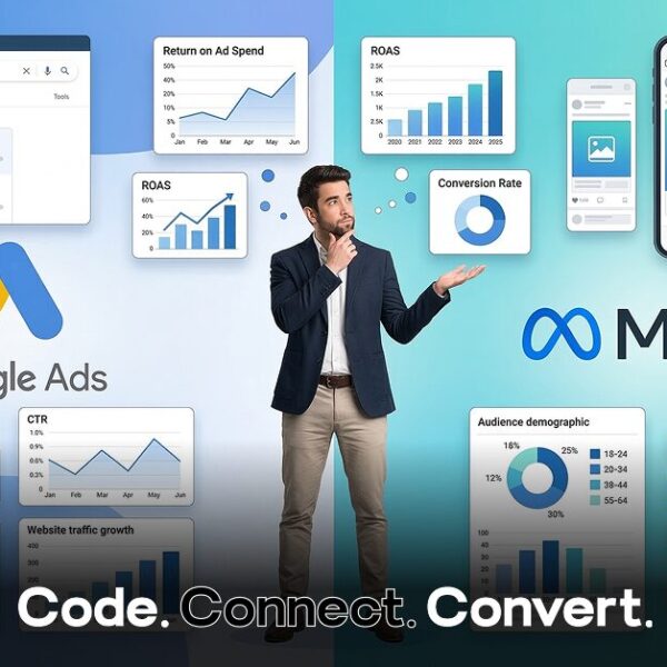 A marketing infographic comparing Google Ads vs Meta Ads features, highlighting metrics like ROAS, CTR, and audience demographics, with a central slogan: "Code. Connect. Convert."