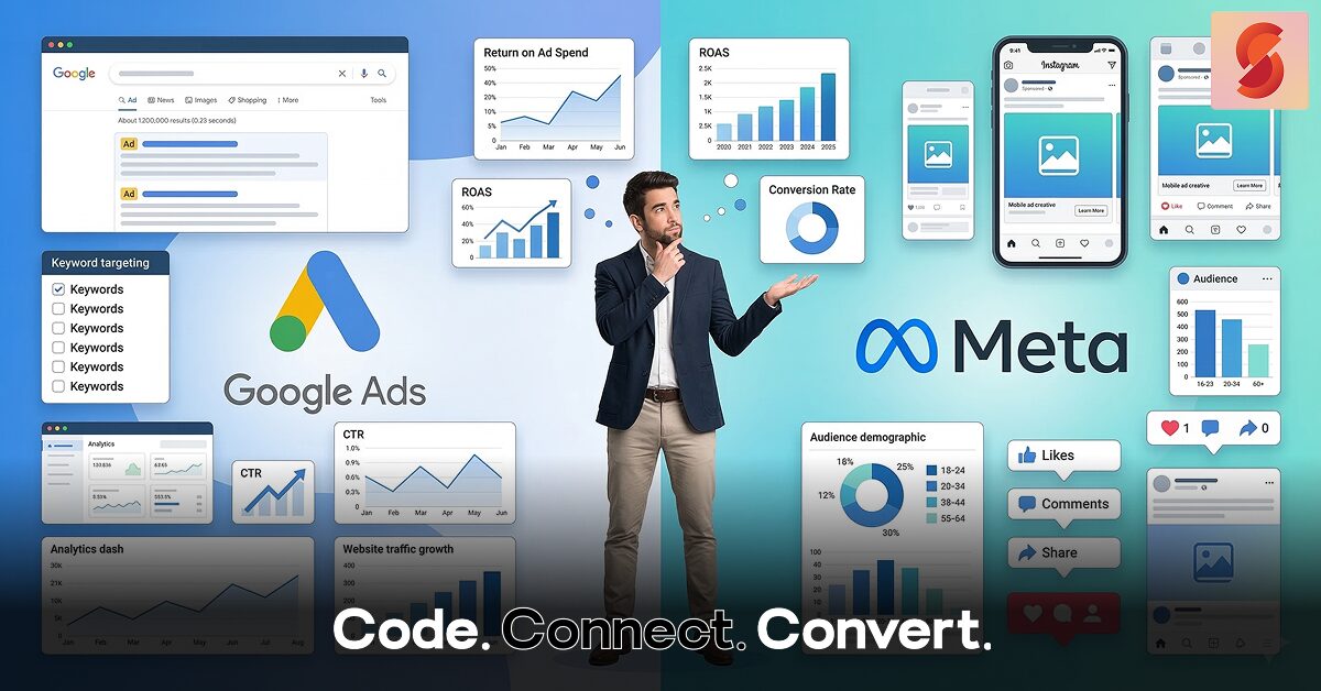 A marketing infographic comparing Google Ads vs Meta Ads features, highlighting metrics like ROAS, CTR, and audience demographics, with a central slogan: "Code. Connect. Convert."