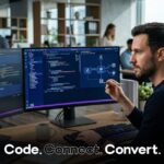 A photo of a programmer in a modern, open-plan office, seated at a desk with two computer monitors. One monitor shows code, while the other displays more code and a microservices architecture diagram. He holds a stylus and looks at the screens with a futuristic, holographic overlay of a microchip and data graphs floating in front of him. White text across the bottom reads "Code. Connect. Convert." and a red "S" logo is in the top-right corner.