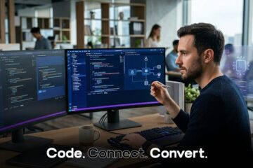 A photo of a programmer in a modern, open-plan office, seated at a desk with two computer monitors. One monitor shows code, while the other displays more code and a microservices architecture diagram. He holds a stylus and looks at the screens with a futuristic, holographic overlay of a microchip and data graphs floating in front of him. White text across the bottom reads "Code. Connect. Convert." and a red "S" logo is in the top-right corner.
