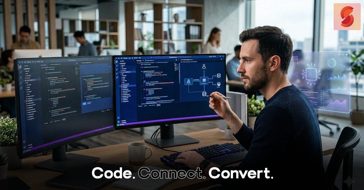 A photo of a programmer in a modern, open-plan office, seated at a desk with two computer monitors. One monitor shows code, while the other displays more code and a microservices architecture diagram. He holds a stylus and looks at the screens with a futuristic, holographic overlay of a microchip and data graphs floating in front of him. White text across the bottom reads "Code. Connect. Convert." and a red "S" logo is in the top-right corner.