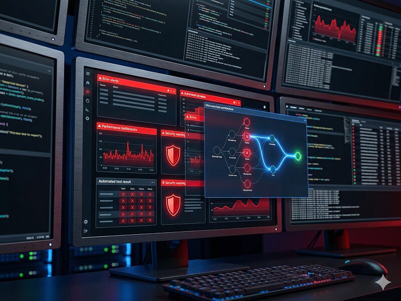 A detailed rendering of a complex workstation with six computer monitors arranged in two rows of three. The screens display dark mode interfaces filled with code and data. A central monitor features a dashboard covered in prominent red alerts for "Error alerts," "Performance bottlenecks," test failures, and security warnings. This dashboard also includes a diagram of a failing microservices architecture with multiple red 'X' icons. The scene is set in a dark room with a glowing mechanical keyboard and mouse on the desk, and a data center rack in the blurred background.